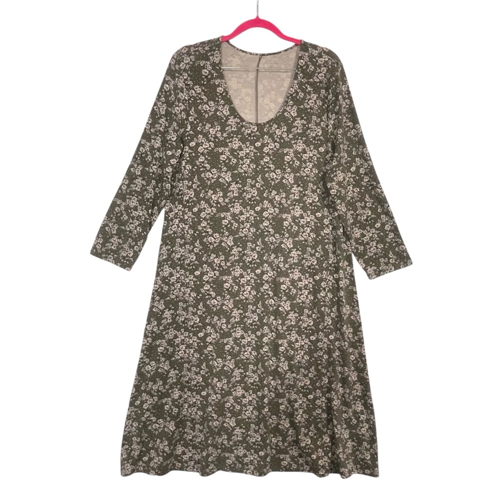 Garnet Hill Seamed Knit Trapeze Green Floral Stretch Tencel Blend Casual Dress L - Picture 2 of 10